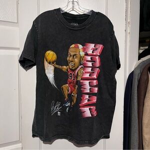 Dennis Rodman large t shirt on a faded black almost grey shirt